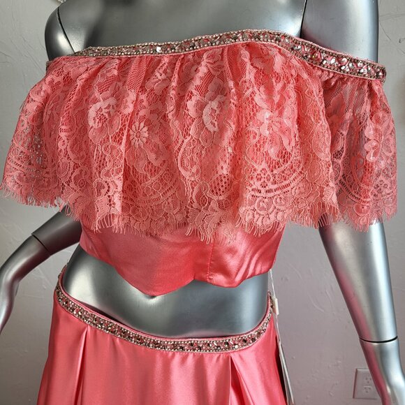 NWT~$495~2CUTE~6/8~CORAL 2 PIECE CROP TOP RHINESTONE BEADED MAXI PROM DRESS - Picture 3 of 16